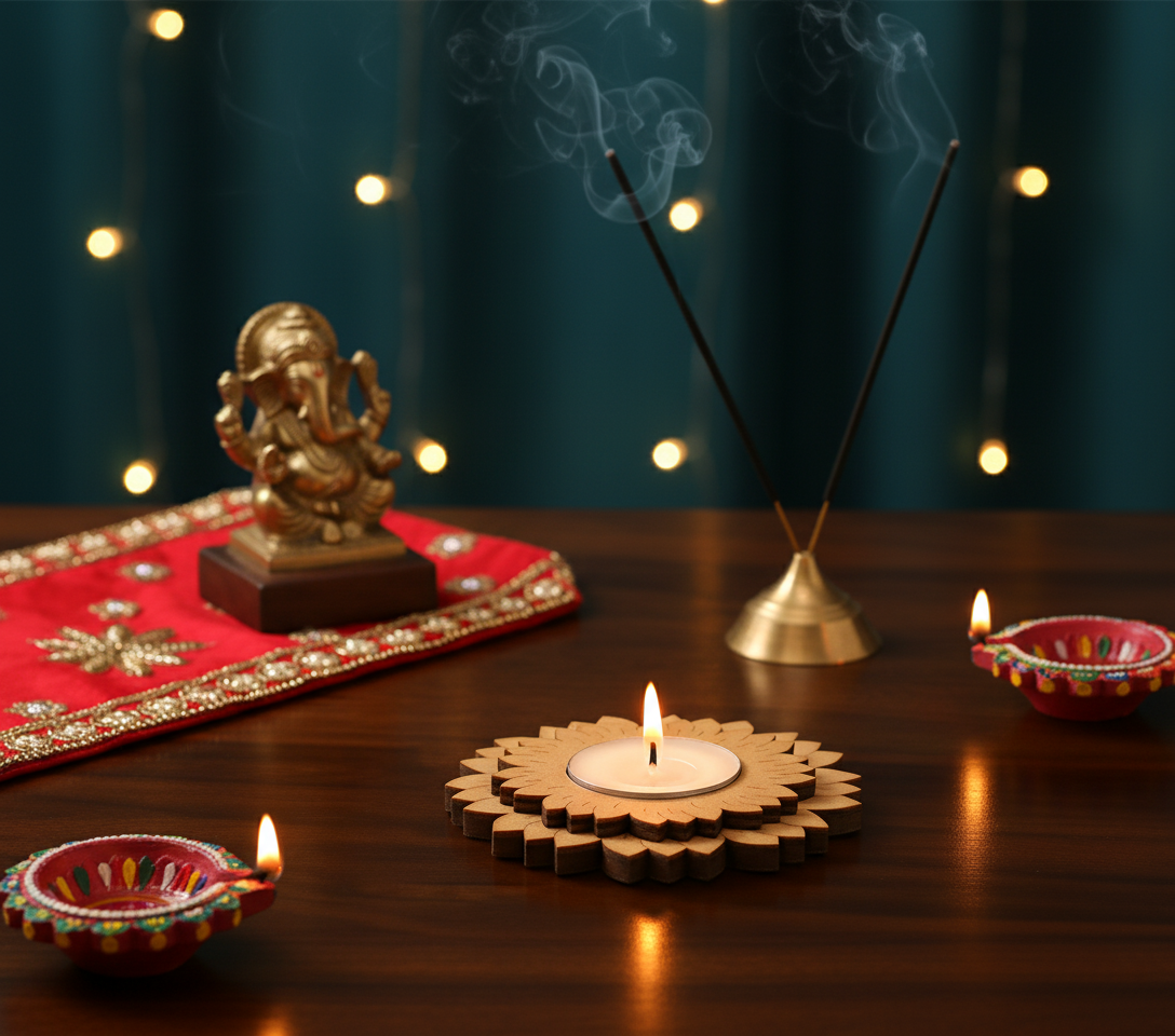 Decorative setup with a statue, candles, and incense on a wooden surface with a dark background. flower shaped diy mdf tealight candle holder in the centre.