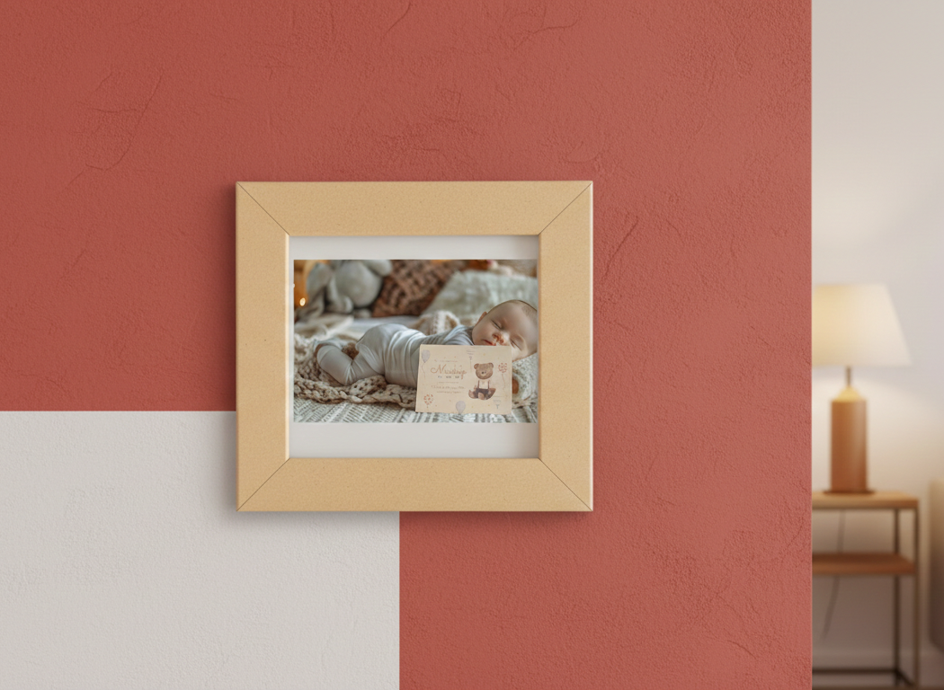 Beige picture frame on a red wall with a small photo inside
