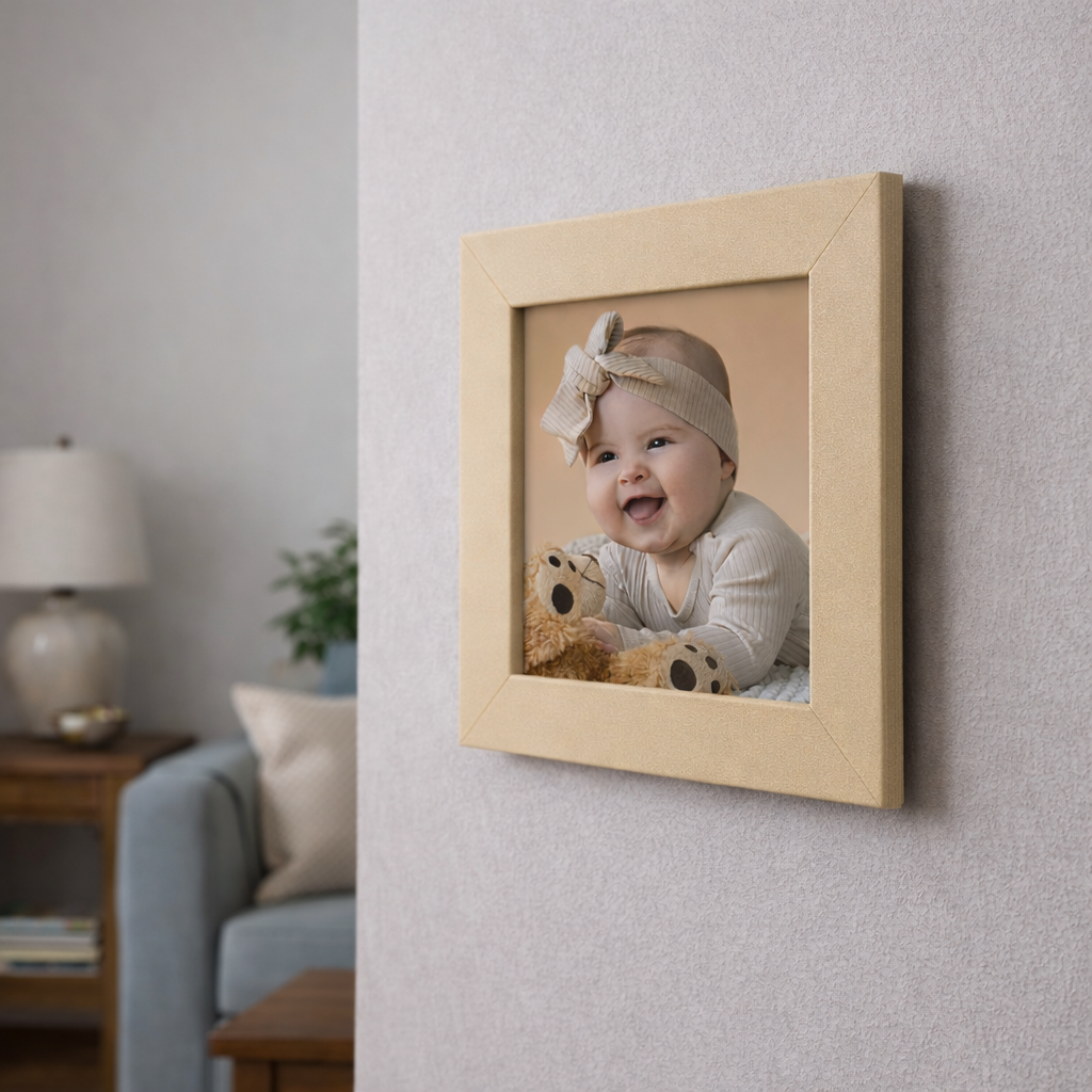 Beige framed photo of a baby holding a teddy bear on a wall.