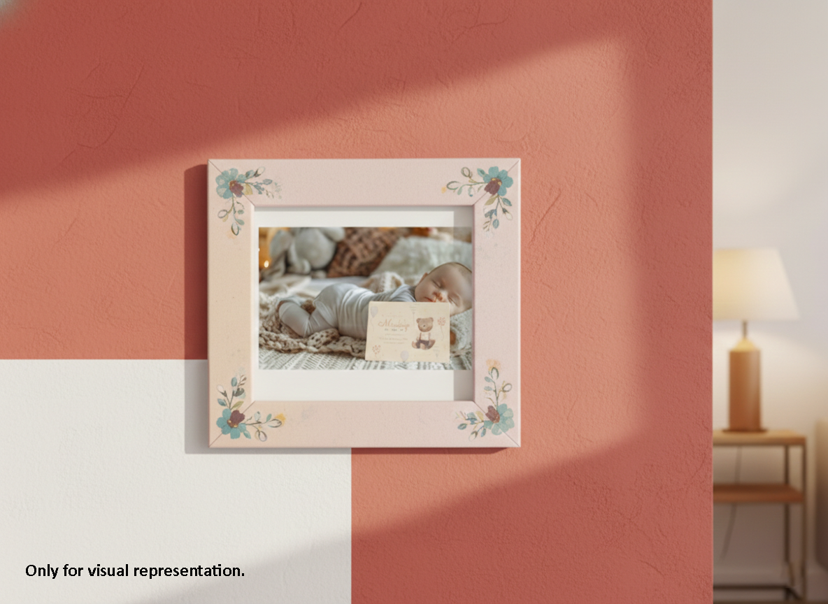 Decorative photo frame on a pink wall with a soft focus background