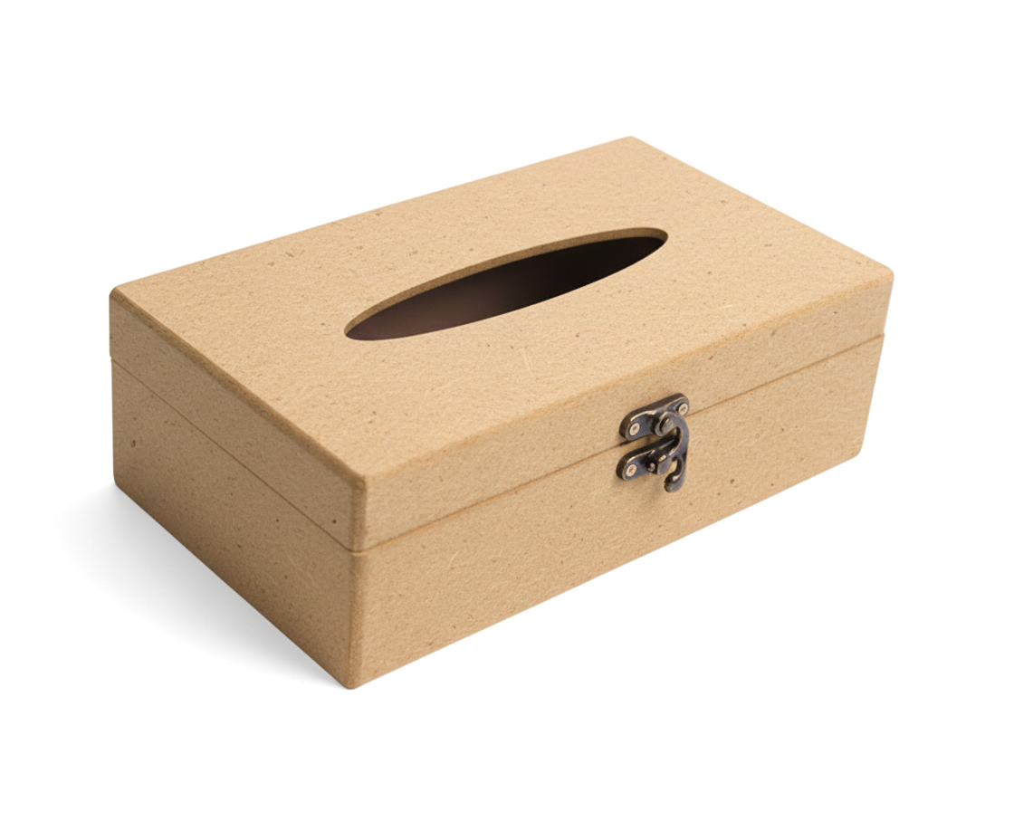 MDF DIY  tissue box with a metallic clasp on a white background