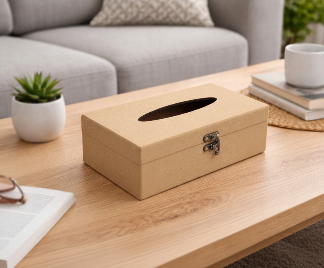 MDF DIY  tissue box on a wooden coffee table with a couch and plant in the background