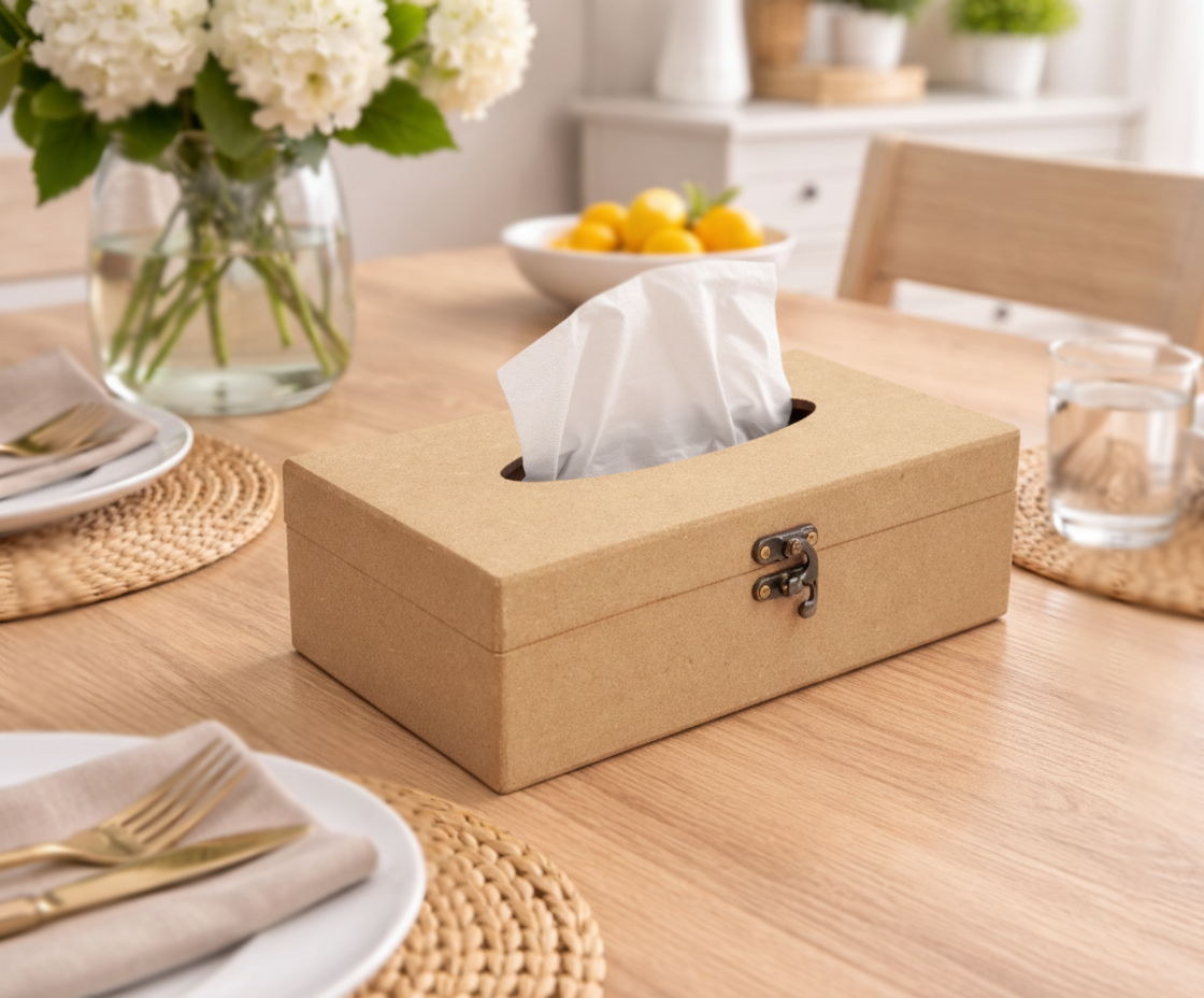 MDF DIY  tissue box on a table with a vase of flowers and a bowl of fruit in the background.