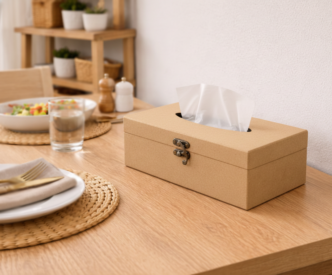 MDF DIY  tissue box on a dining table with a plate of food and glasses in the background.
