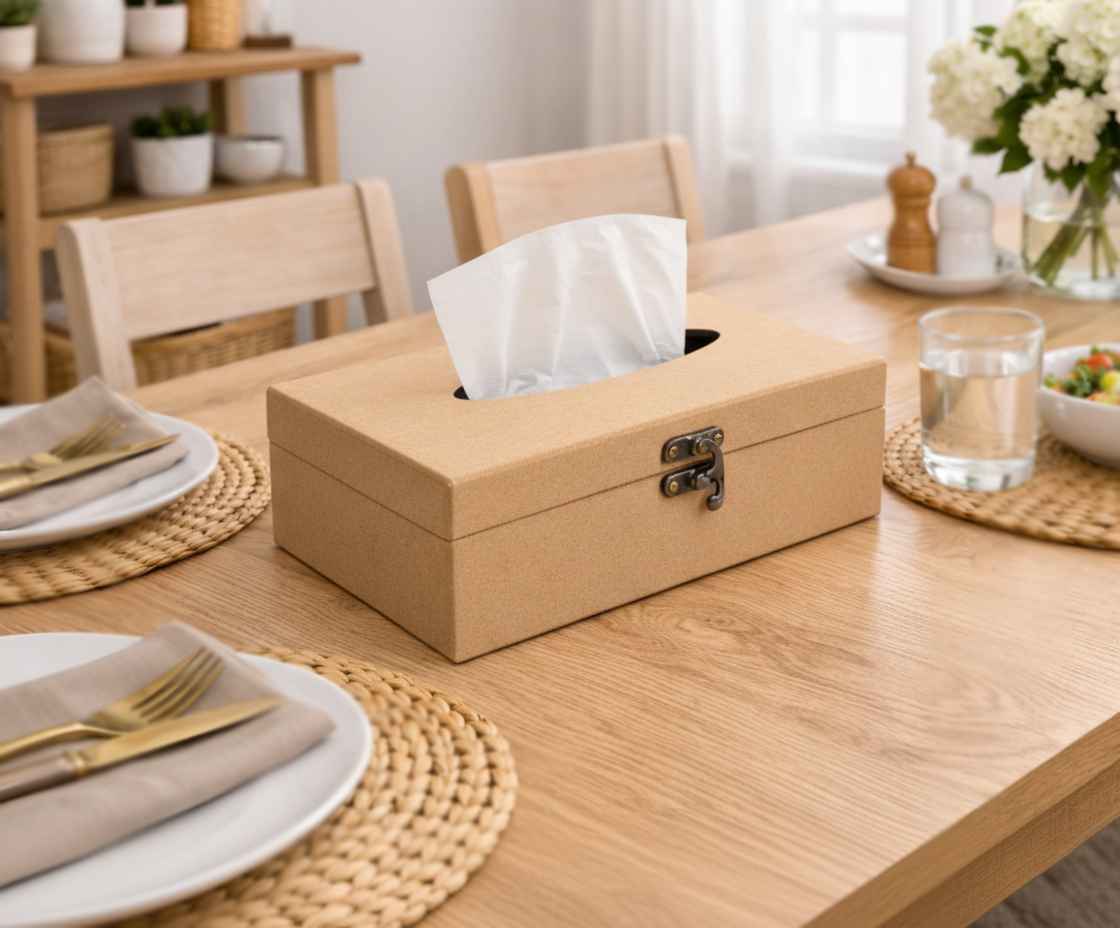 MDF DIY  tissue box on a dining table with plates, cutlery, and a glass of water.