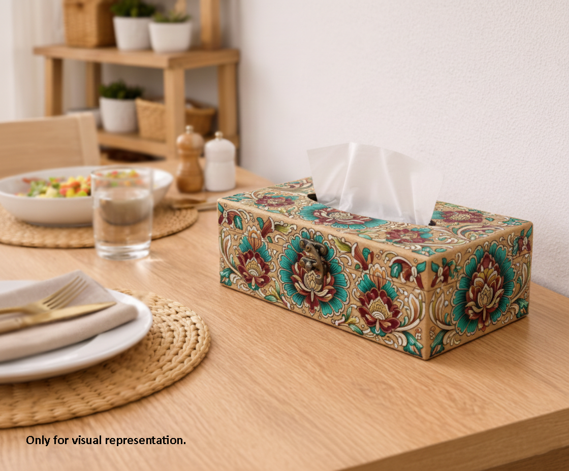 Decorative MDF DIY  tissue box on a wooden table with a meal setting