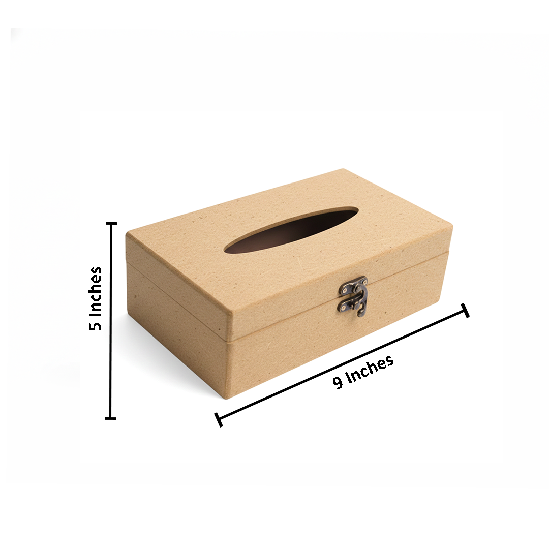MDF DIY  tissue box with dimensions labeled on a white background