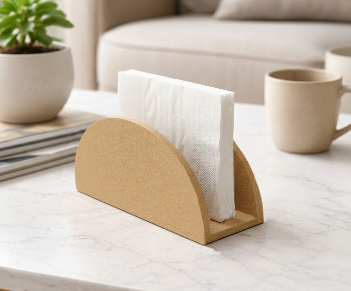 Beige MDF DIY napkin holder with a folded white napkin on a table in a living room setting.
