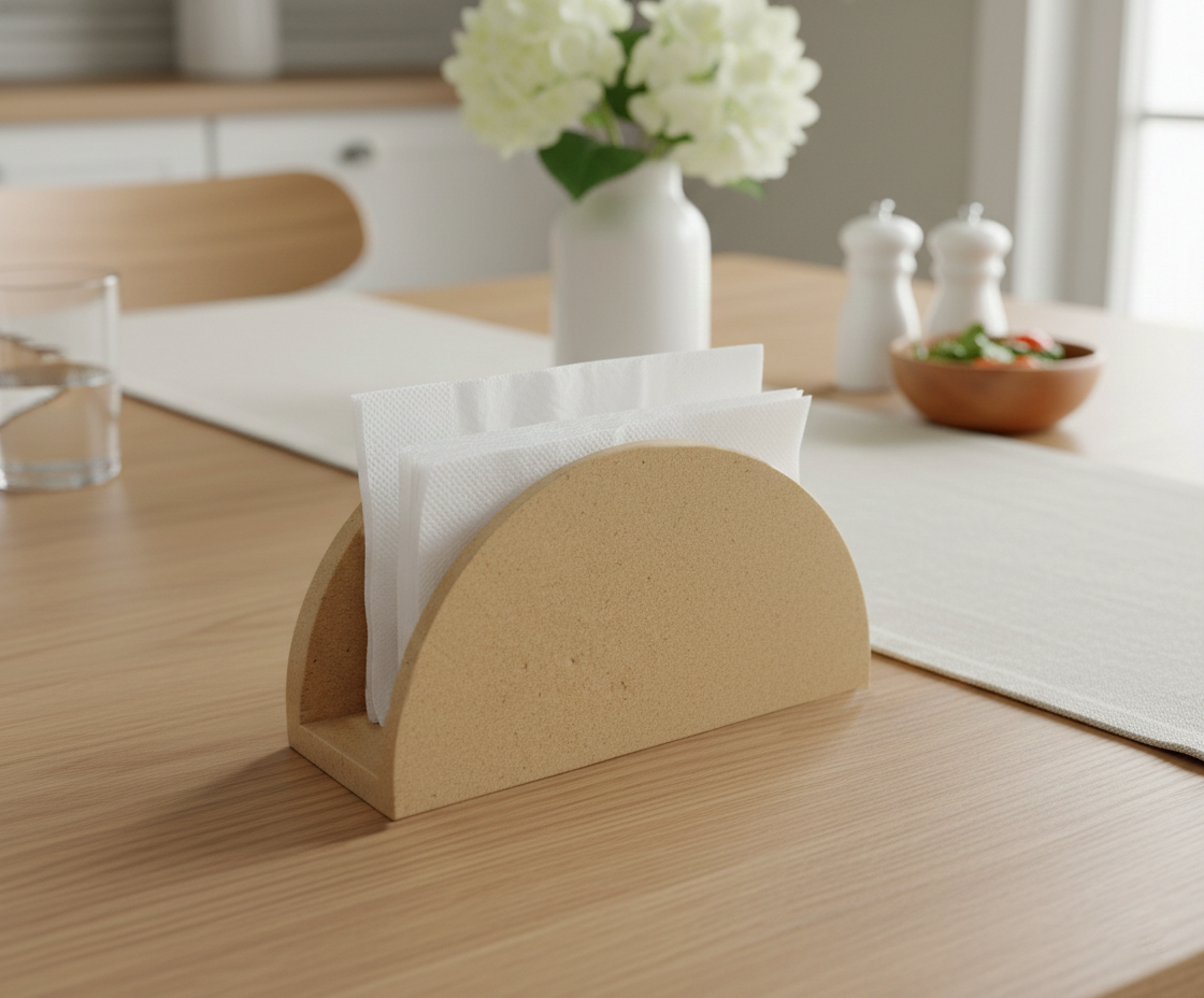 MDF DIY  napkin holder with white napkins on a wooden table in a kitchen setting.