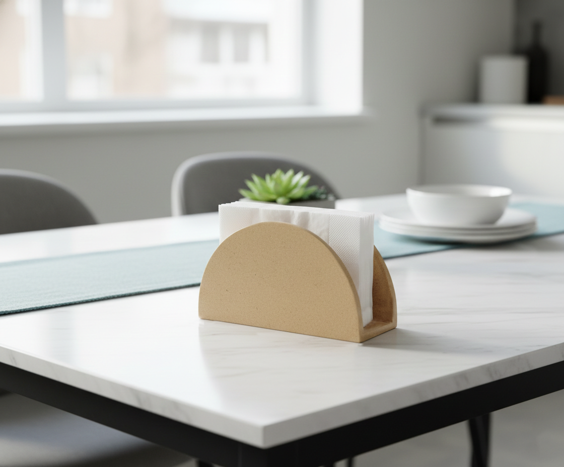 MDF DIY  napkin holder on a white table with a blurred background