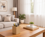 Living room with a MDF DIY  pen holder, couch, and decorative items.