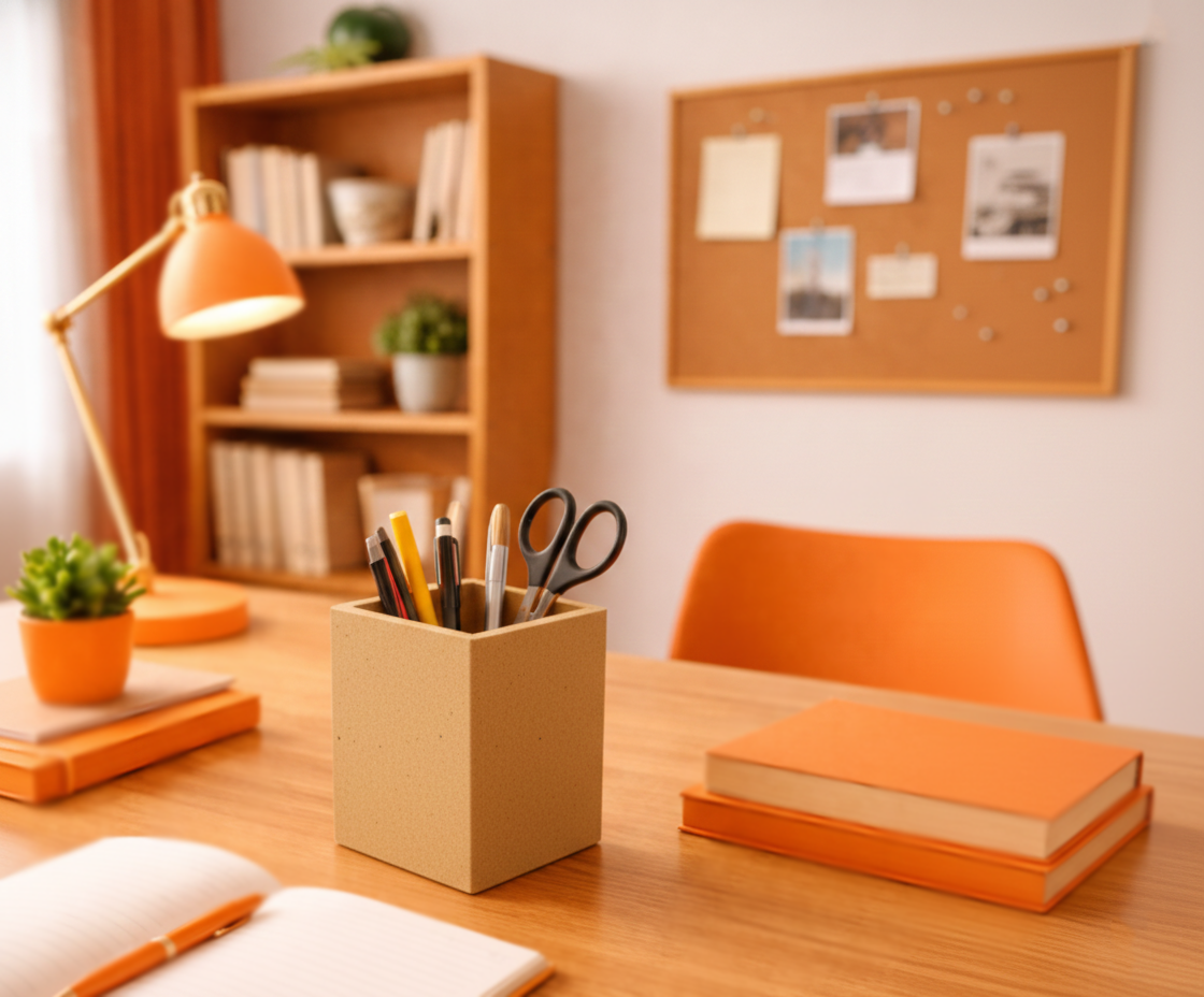 Home office desk with a MDF DIY  pen holder, books, and a lamp.
