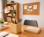 Home office desk with a MDF DIY pen holder, books, and a lamp.