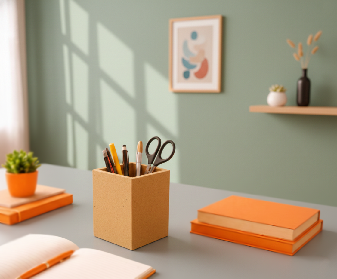 Desk setup with a MDF DIY  pen holder, books, and a plant in a room with a green wall.