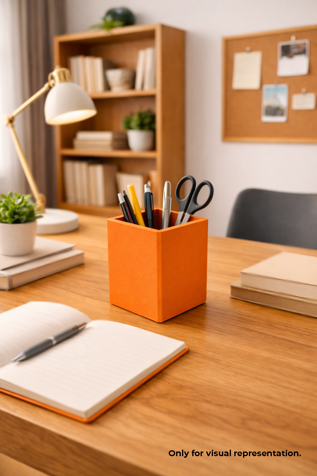 Orange MDF DIY  pen holder with stationery on a wooden desk in a home office setting.