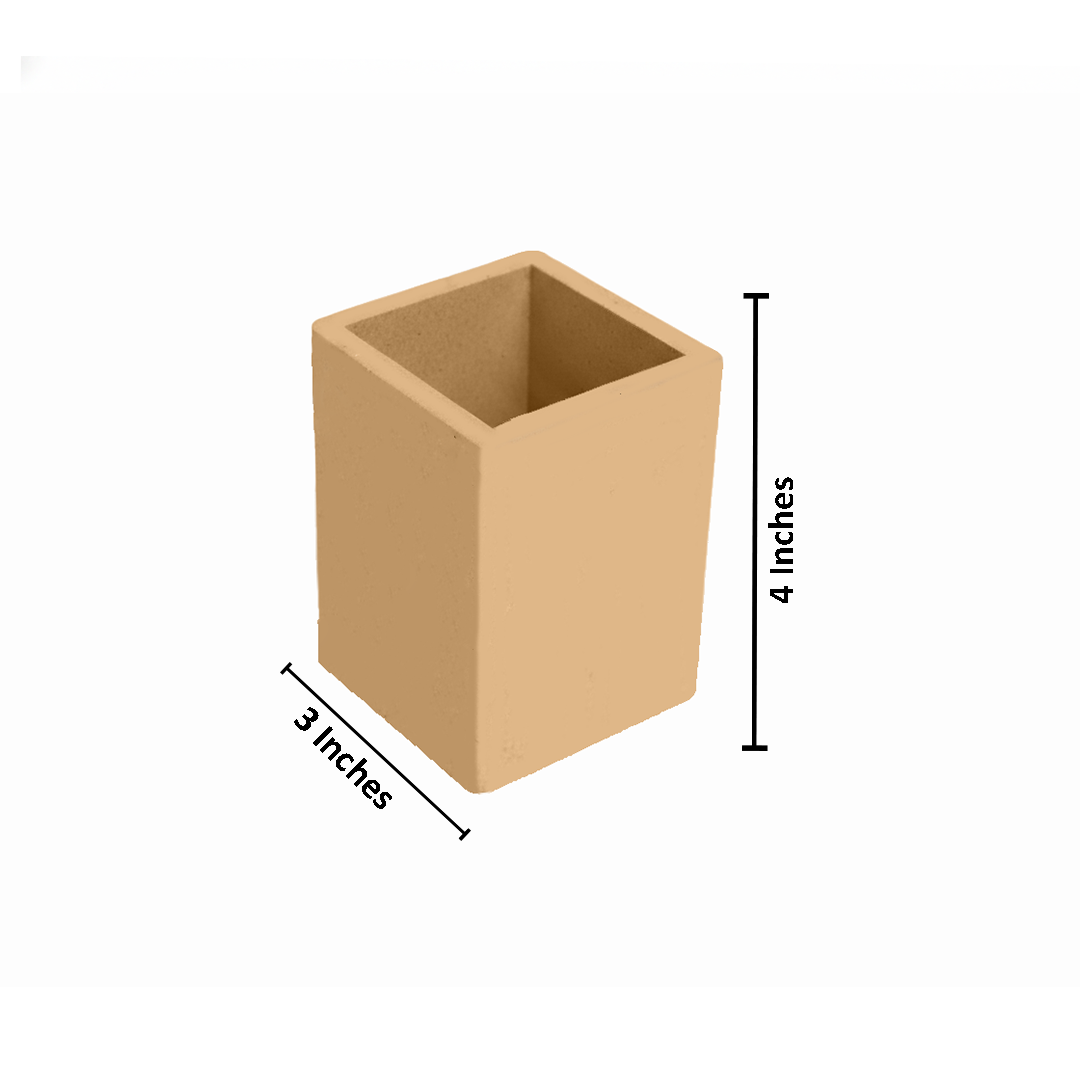 Beige MDF DIY  pen  holder with dimensions labeled on a white background