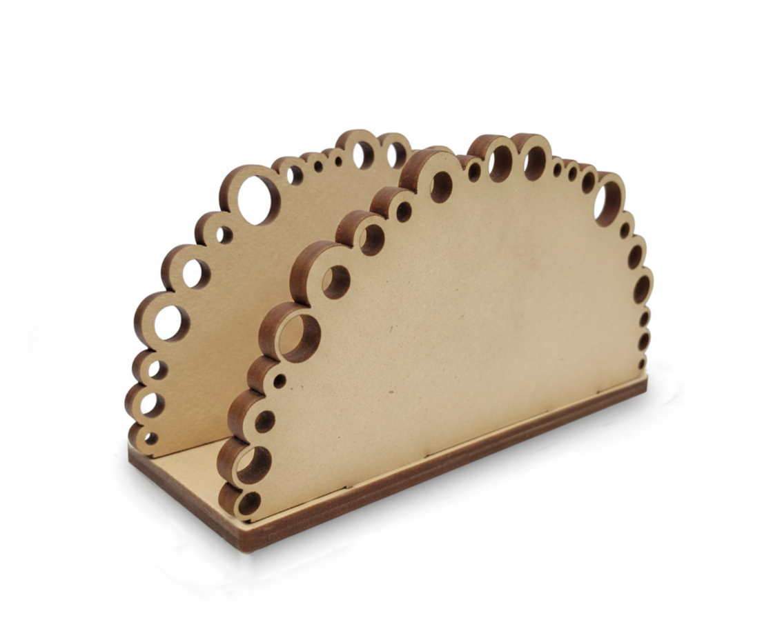 MDF DIY napkin holder with decorative cut-out design on a white background