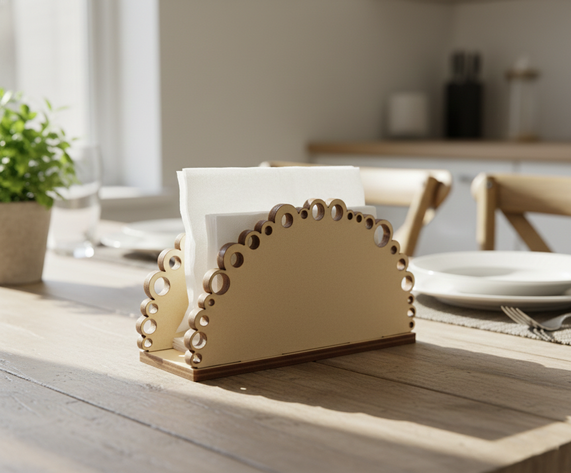 Decorative MDF DIY  napkin holder on a table with a blurred kitchen background