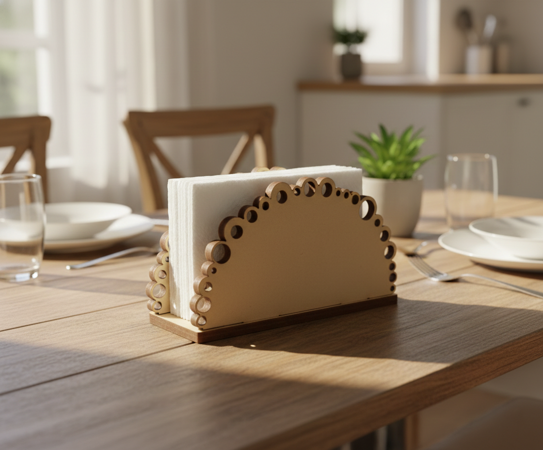 MDF DIY  napkin holder on a dining table with a blurred background