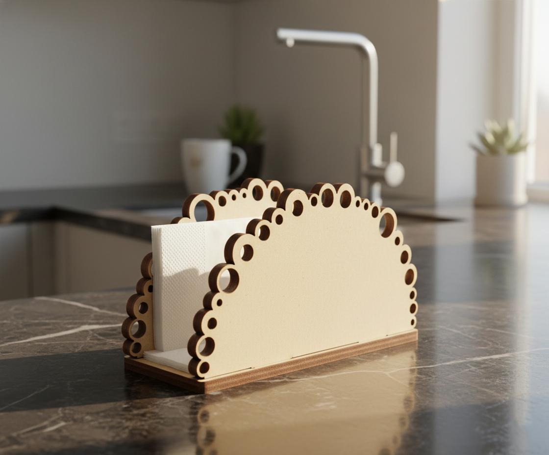 Laser-cut MDF DIY  napkin holder on a kitchen counter