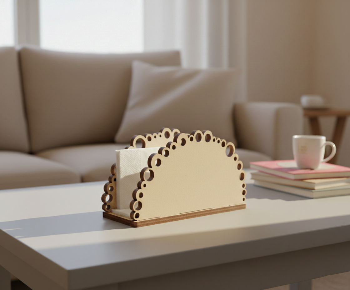 MDF DIY  napkin holder on a coffee table with a blurred living room background