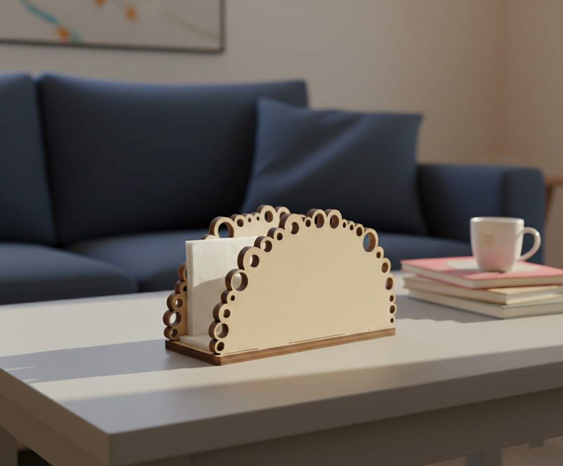 MDF DIY  napkin holder on a coffee table with a couch and books in the background