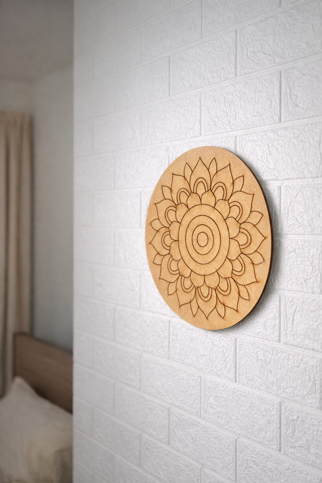  MDF DIY mandala wall art on a textured white wall