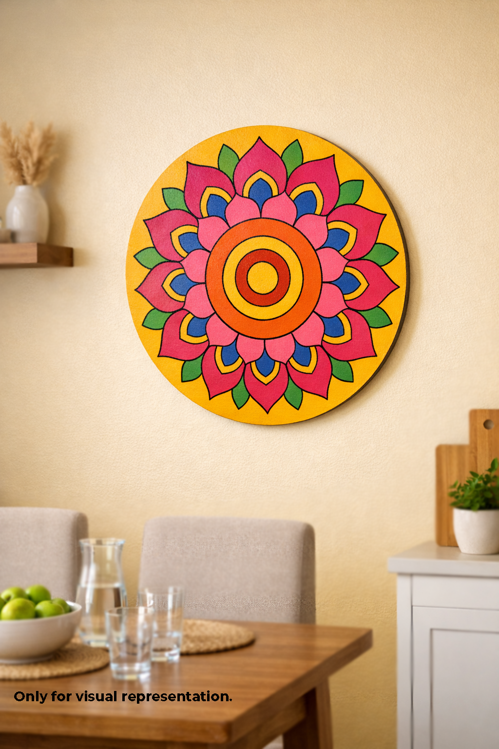 Colorful MDF DIY mandala wall art on a beige wall above a dining table.