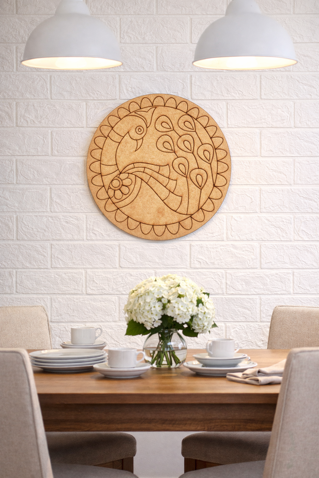 Dining room with MDF DIY wall art, table setting, and white flowers.