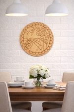 Dining room with MDF DIY wall art, table setting, and white flowers.
