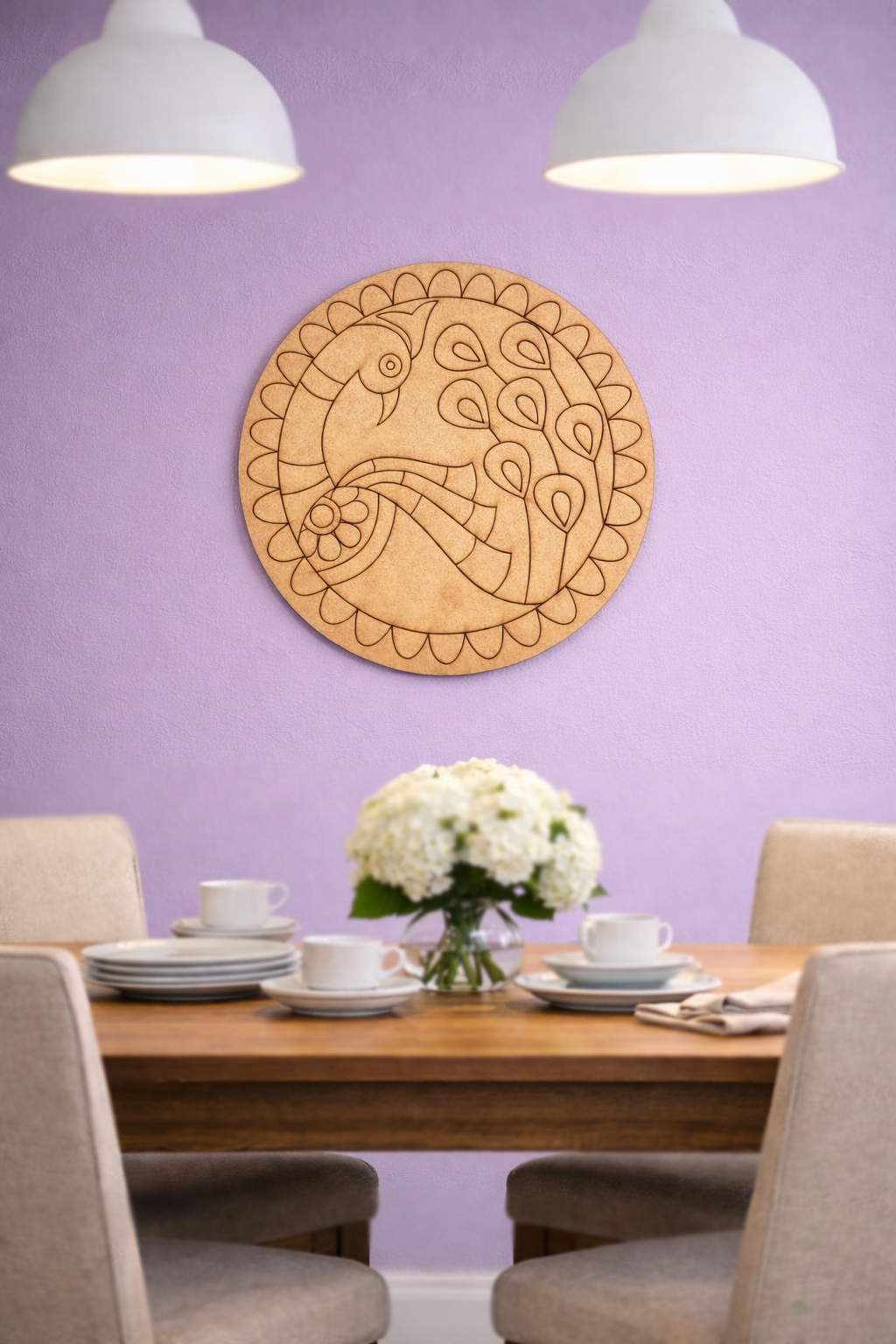 Dining room with aMDF DIY wall art piece on a purple wall, table set with plates and cups.