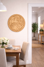 MDF DIY wall art Dining room with wooden table, chairs, and decorative wall art.