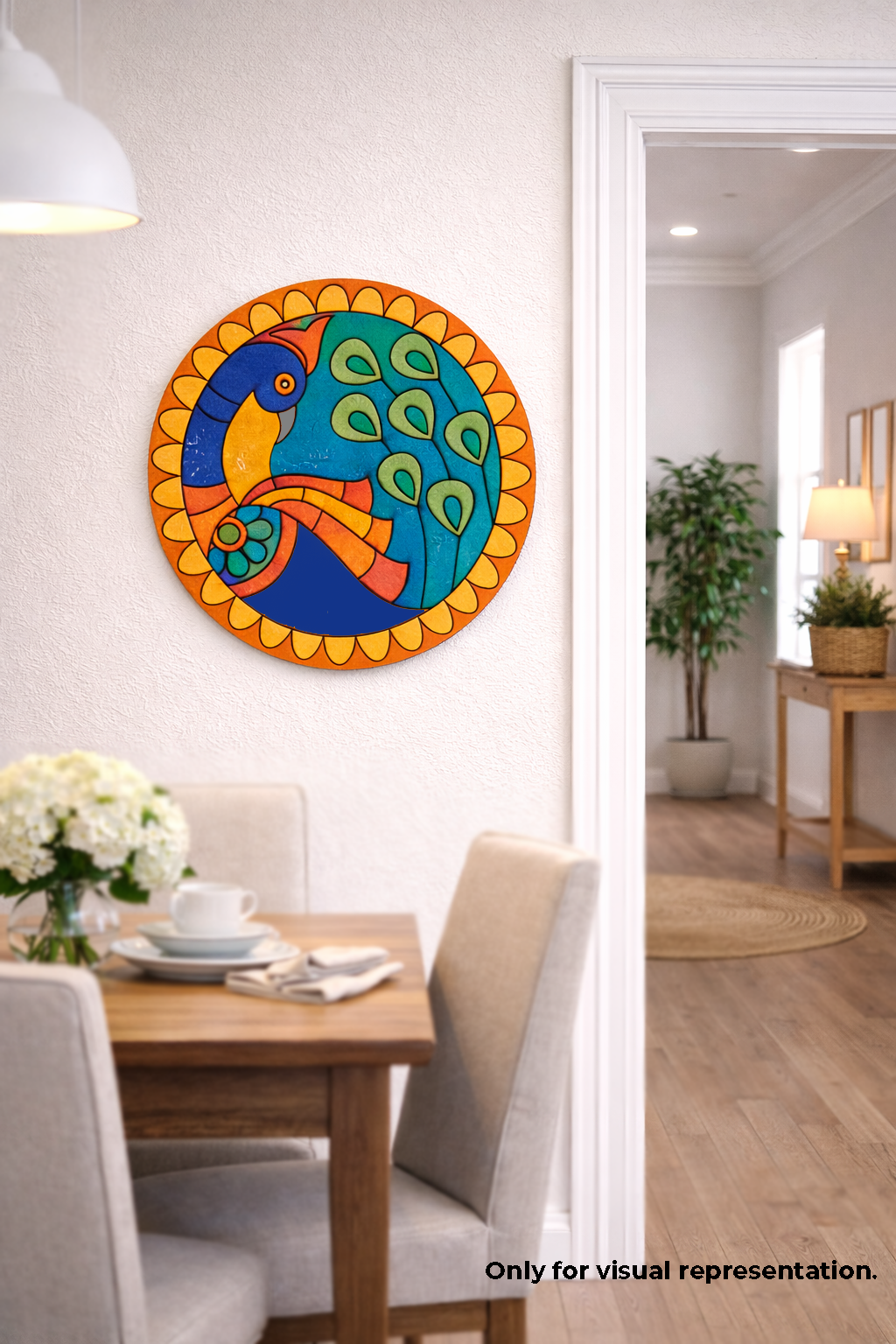 Colorful MDF DIY wall art of a peacock in a dining room setting.