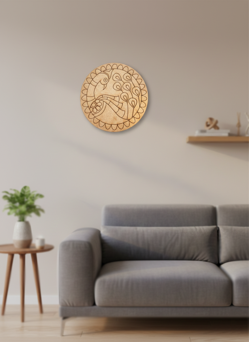 MDF DIY wall art piece above a gray sofa in a living room setting.