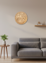 MDF DIY wall art piece above a gray sofa in a living room setting.