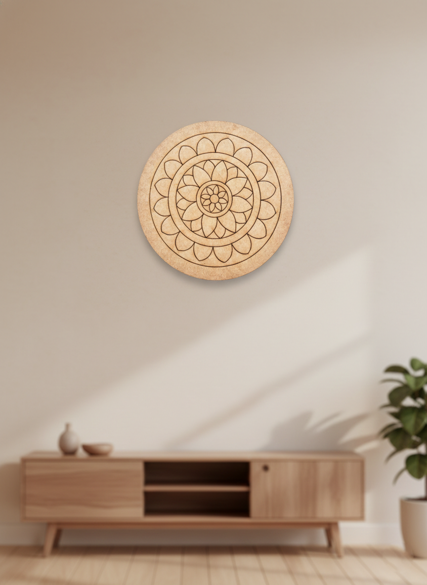 MDF DIY mandala wall art with geometric design on a beige wall above a wooden cabinet.