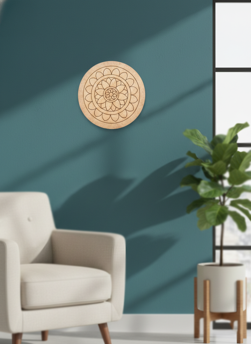 MDF DIY mandala wall art on a teal wall with a beige armchair and plant in the foreground.