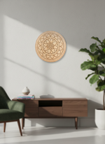 MDF DIY mandala wall art with geometric design in a minimalistic room with a console table and plant.