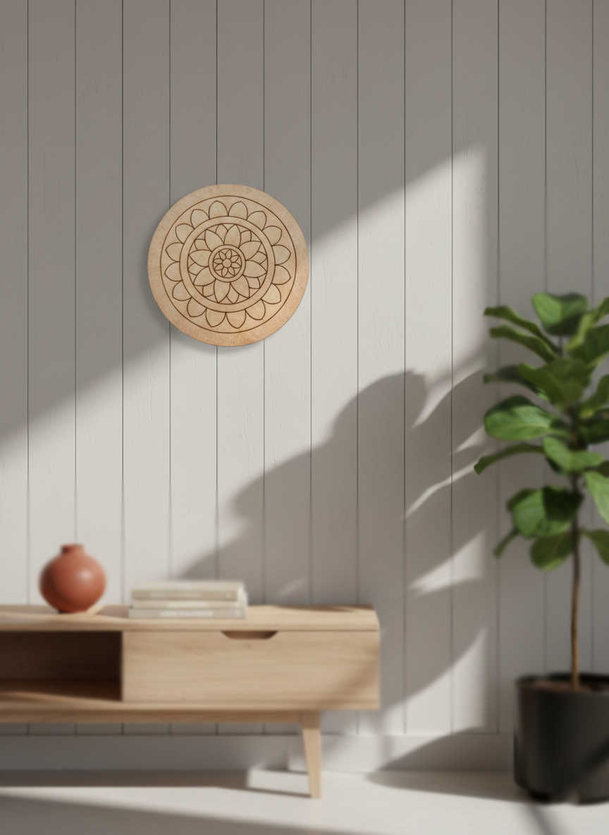 MDF DIY mandala wall art piece on a light gray wall with a plant and wooden table in the foreground.