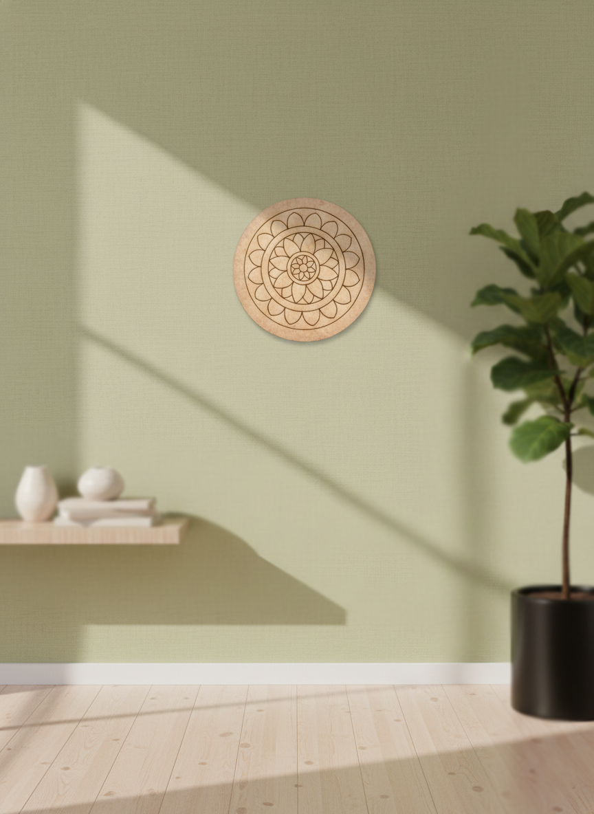 Decorative MDF DIY  wall art with a mandala design on a light green wall.