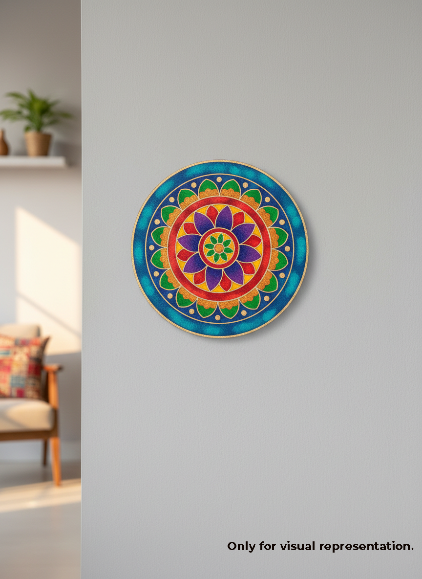 Colorful circular MDF DIY mandala wall art on a gray wall with a blurred room background