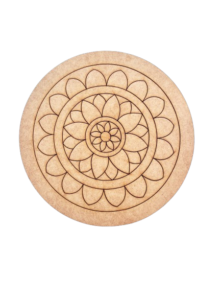 MDF DIY mandala with a circular floral design on a white background