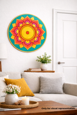 Colorful MDF DIY mandala wall art in a living room setting with a couch and decor items.