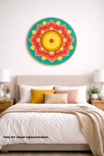 Colorful MDF DIY mandala wall art above a bed in a bedroom setting.