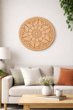 Decorative MDF DIY mandala wall art above a sofa in a living room