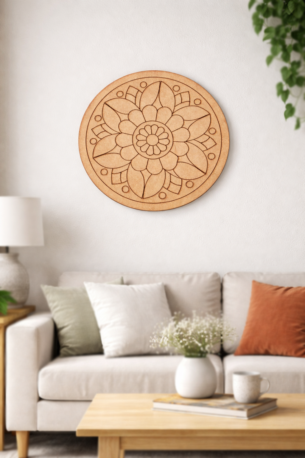 Decorative MDF DIY mandala wall art above a sofa in a living room