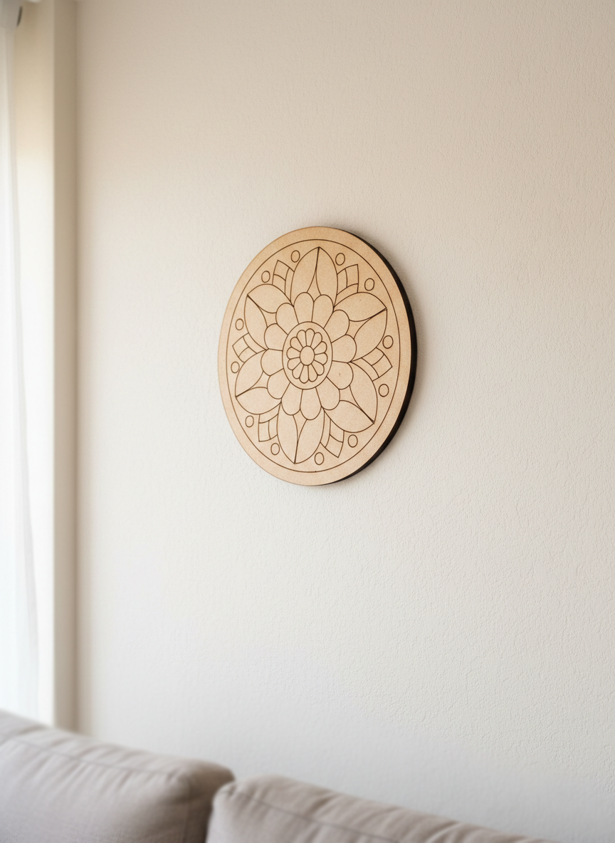 MDF DIY mandala wall art with floral design on a beige wall