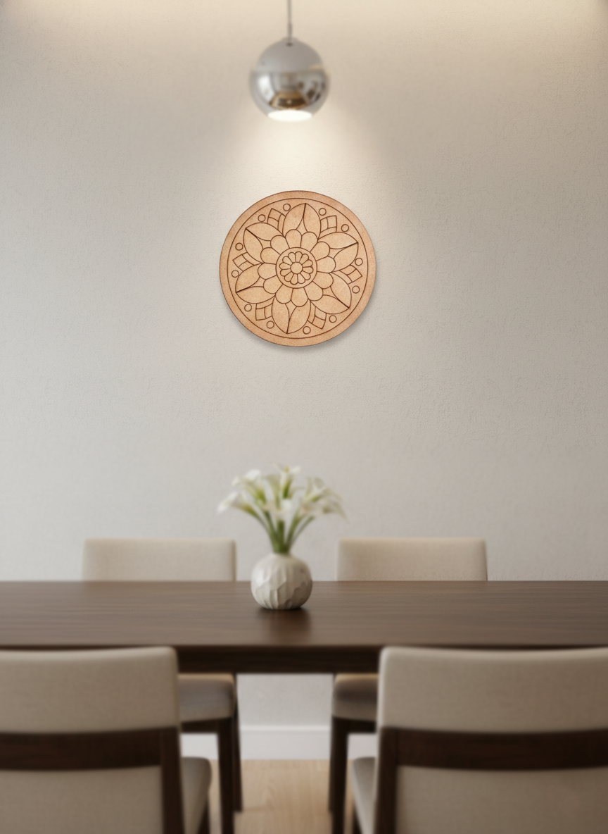 Dining room with a MDF DIY mandala wall art piece above a table and chairs.