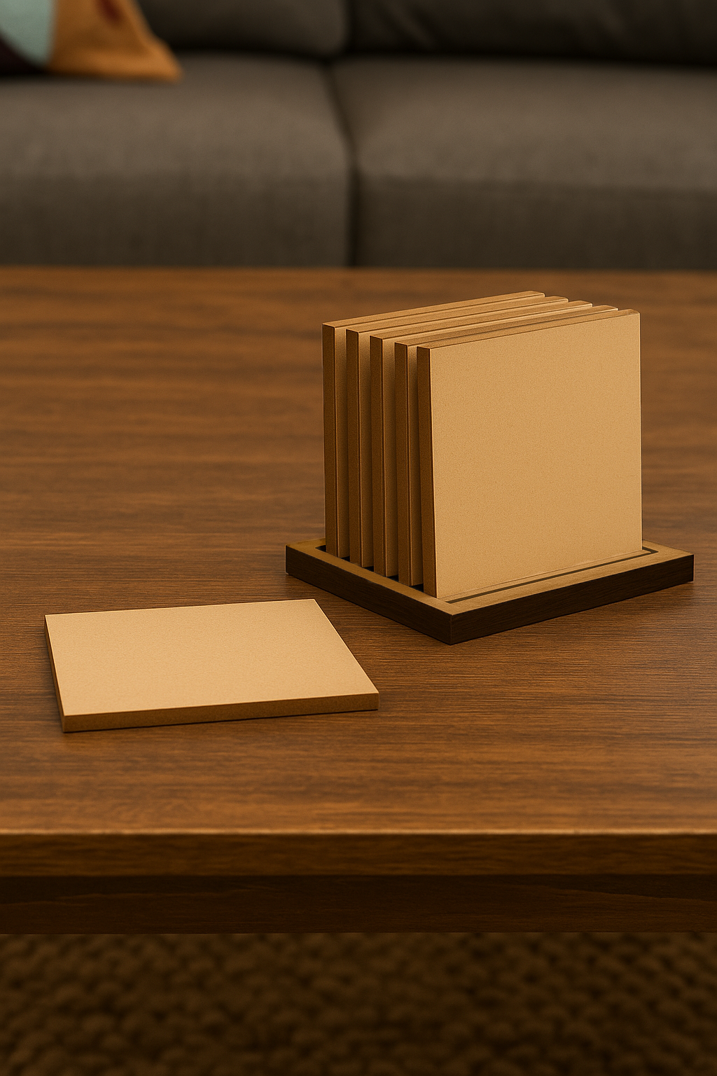 DIY  MDF coaster set on table with holder