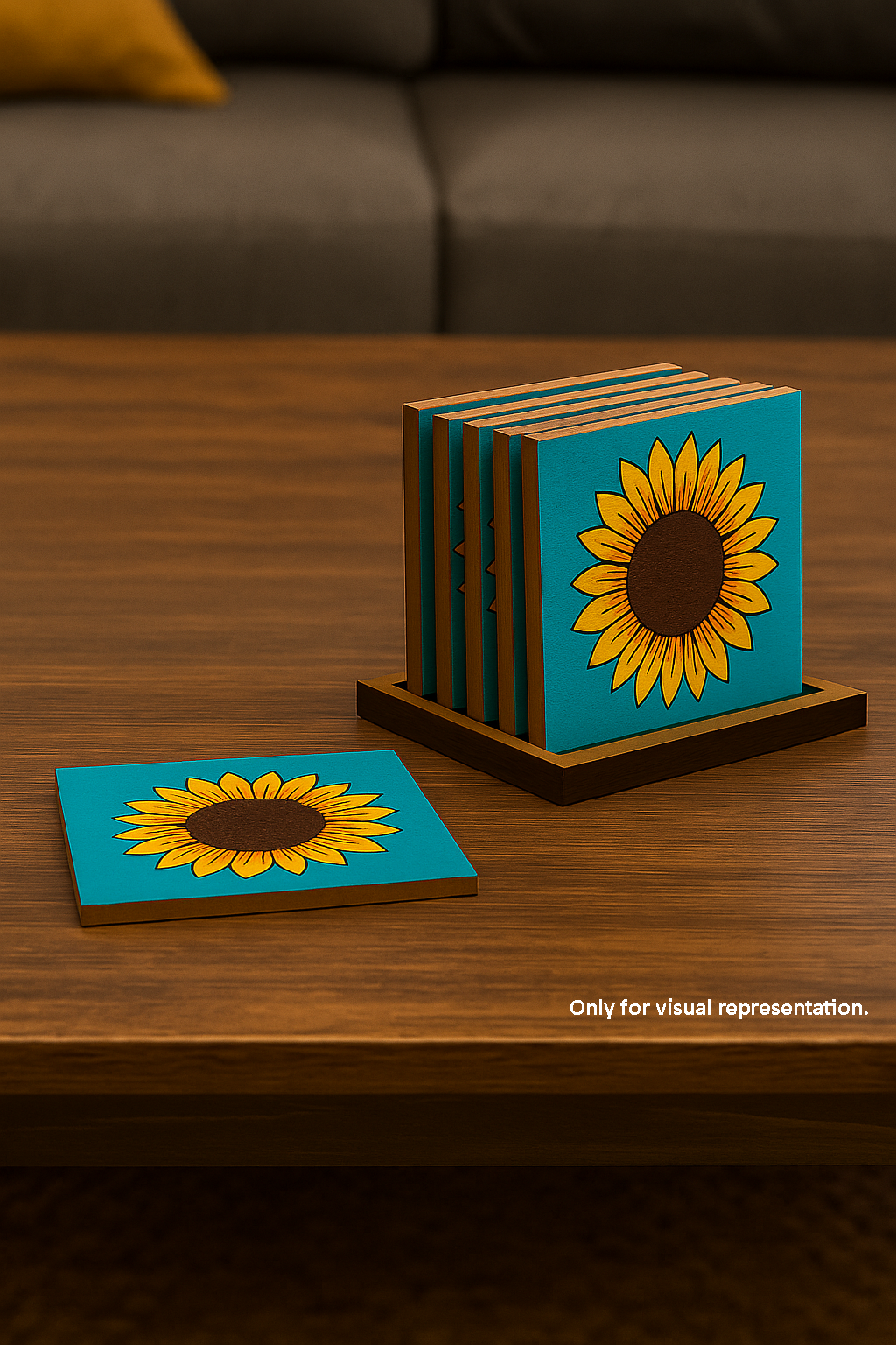 DIY sunflower print MDF coaster set on table with holder